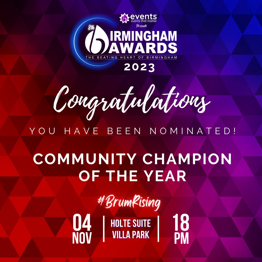 Congratulations @birmingham_no  you have been nominated for 'Community Champion of the Year' at this year's @birminghamawards

Celebrating the people, the businesses, and the city

The beating heart of Birmingham

#Goodluck

#BrumRising #BrumAwards23