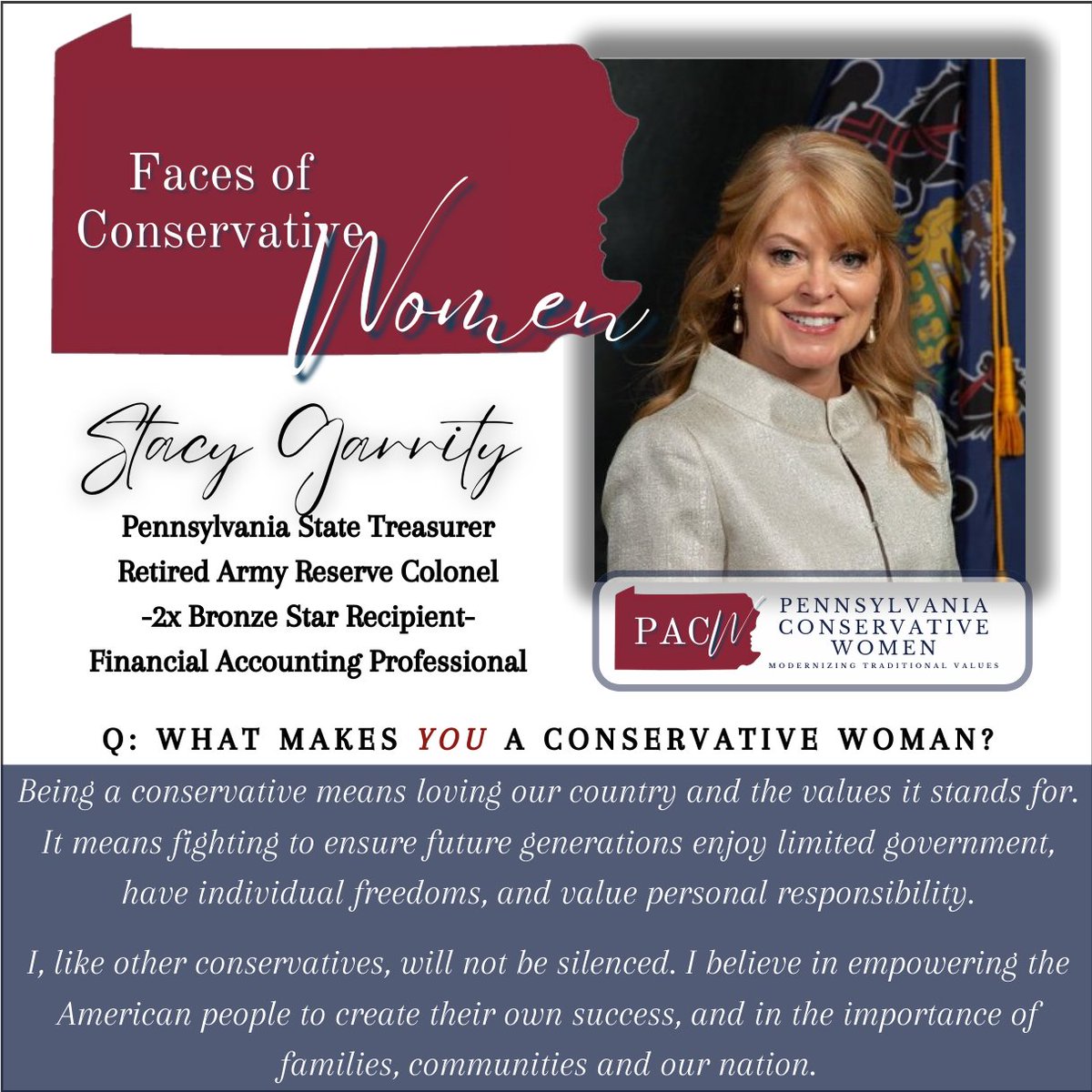 PAConservWomen's tweet photo. We are bringing you a new edition of Faces of Conservative Women featuring  @PATreasurer Stacy Garrity, Pennsylvania State Treasurer. Before she became the PA State Treasurer, Stacy was an Army Reserve Colonel and financial accounting professional. https://t.co/3x3Eefxw67