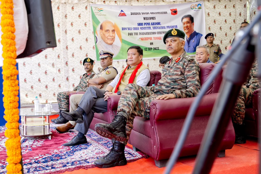 PemaKhanduBJP's tweet photo. Joined live the inauguration of 90 @BROindia projects at a cost of Rs 2,941 cr across 11 States and UTs by Hon Raksha Mantri Shri @rajnathsingh ji at Nechiphu.

These include 21 new roads, 64 bridges, one tunnel, two airstrips, and two helipads.

1/n https://t.co/wDRlgbOt0a