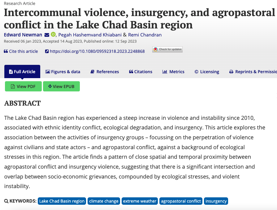 Out now open access with <a href="/PhKh66/">Pegah H.Kh.</a> and <a href="/remichandran/">Remi Chandran</a> we explore the association between insurgency and agropastoral conflict in the Lake Chad region against a background of ecological stresses, finding a significant intersection and overlap tandfonline.com/doi/full/10.10…