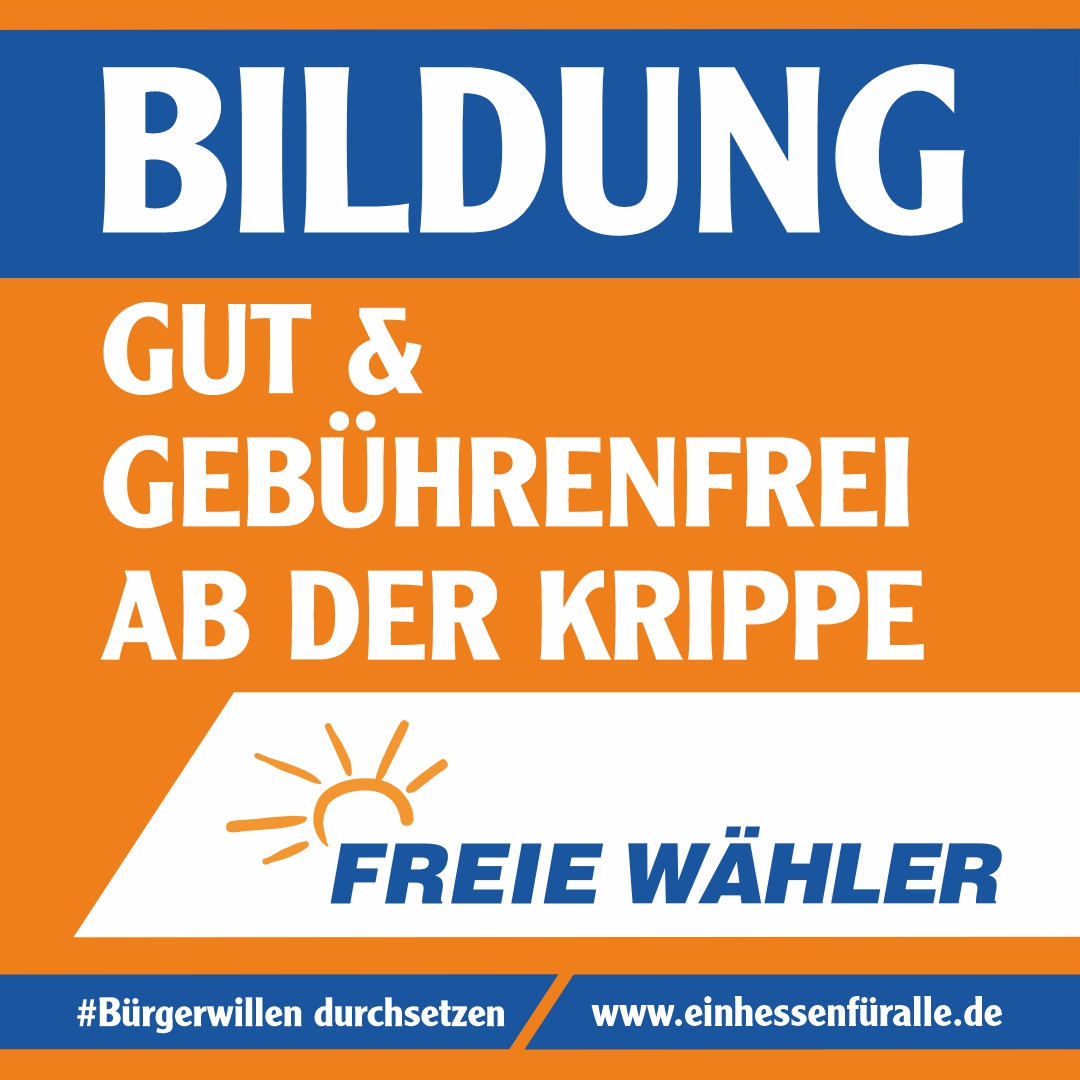 Wir FREIE WÄHLER wollen in Hessen kostenfreie Bildung von der Krippe bis zur Meisterschule. Für einen komplett kostenfreien Besuch von Kitas und Krippen (ab dem 1. Lebensjahr) kämpfen wir derzeit mit unserer Petition KitaFrei.

#FreieWähler #Hessen #Bildung #Hessenwahl #ltwHessen