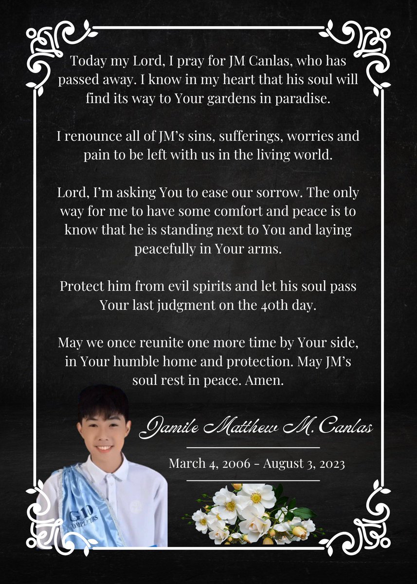 Prayers for you, JM. And to all your loved ones who are still here in this world, strength and courage be given to them.

<a href="/elijahcanlas_/">Elijah Canlas</a> <a href="/lynjes08/">lyn</a> <a href="/rommelpcanlas23/">Melong</a> <a href="/jeromcanlas/">Jerom Canlas</a> 

JM CANLAS 40DAYS
#LightACandleForJM