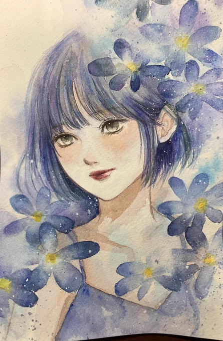 #イラスト #アナログ絵 #透明水彩青い花の絵文字欲しい 