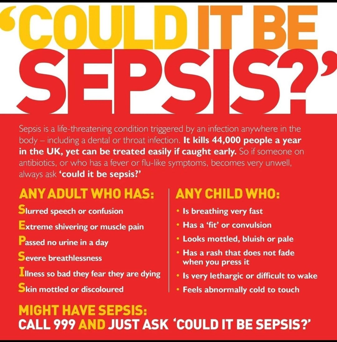 September is #SepsisAwarenessMonth &amp; tomorrow is #WorldSepsisDay so please familiarise Yourself with the signs of Sepsis,Share these Sepsis posts and Never be afraid to ask - Could it be Sepsis because it could save a life! 
A message massively close to my heart &amp; so important❤