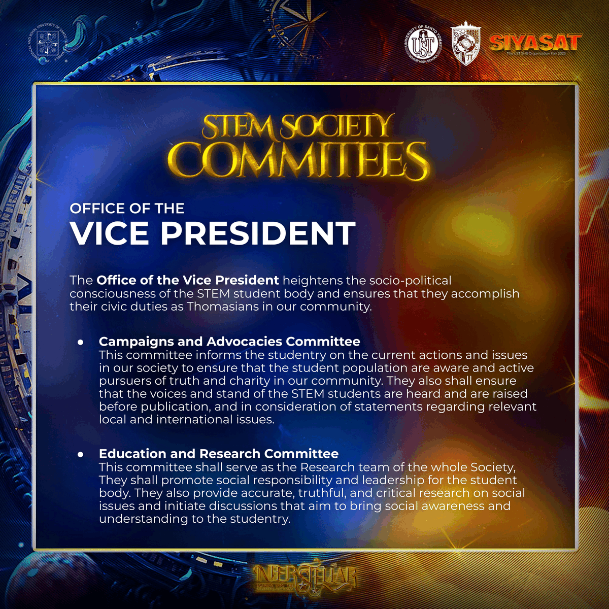ustshsstemsoc's tweet photo. π« 2/10: Office of the Vice President
@vpressoc
#QuestIntoInterstellar
#WanderingAmongTheStars https://t.co/ccf6U8dPmH