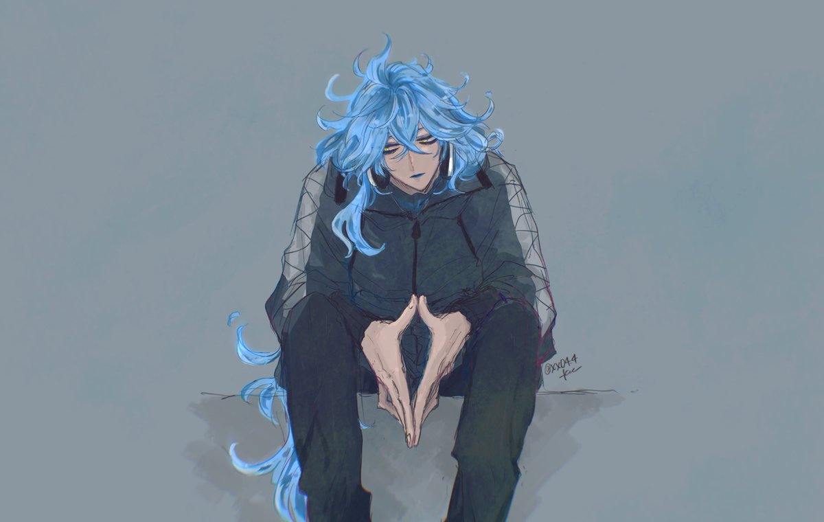 male focus 1boy long hair blue hair solo blue lips sitting  illustration images