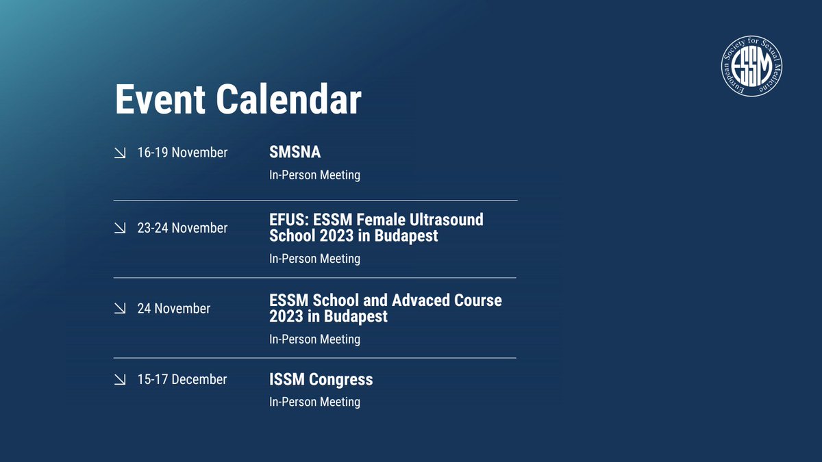 Get ready & mark your calenders for exciting events & meetings in autumn/winter 2023! 🍂❄️🗓️

Visit our website for more 👉🏼ow.ly/PyHU50PKvan

#ESSM #sexualhealth #sexualrights #sexeducation #sexualdysfunction #menshealth #womenshealth #upcomingevents