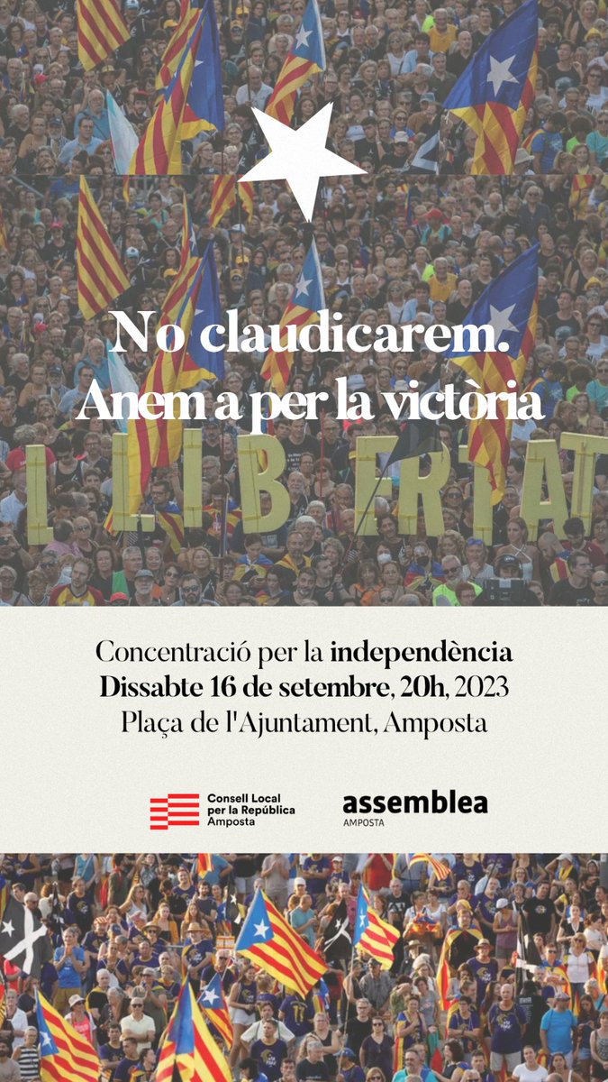Seguim concentrant-nos a #Amposta cada dia 16 a les 20 h per reclamar la #Independència del nostre país.
#NoSurrender 
#SeguimAlçats
#Seguim
#RepúblicaCatalana