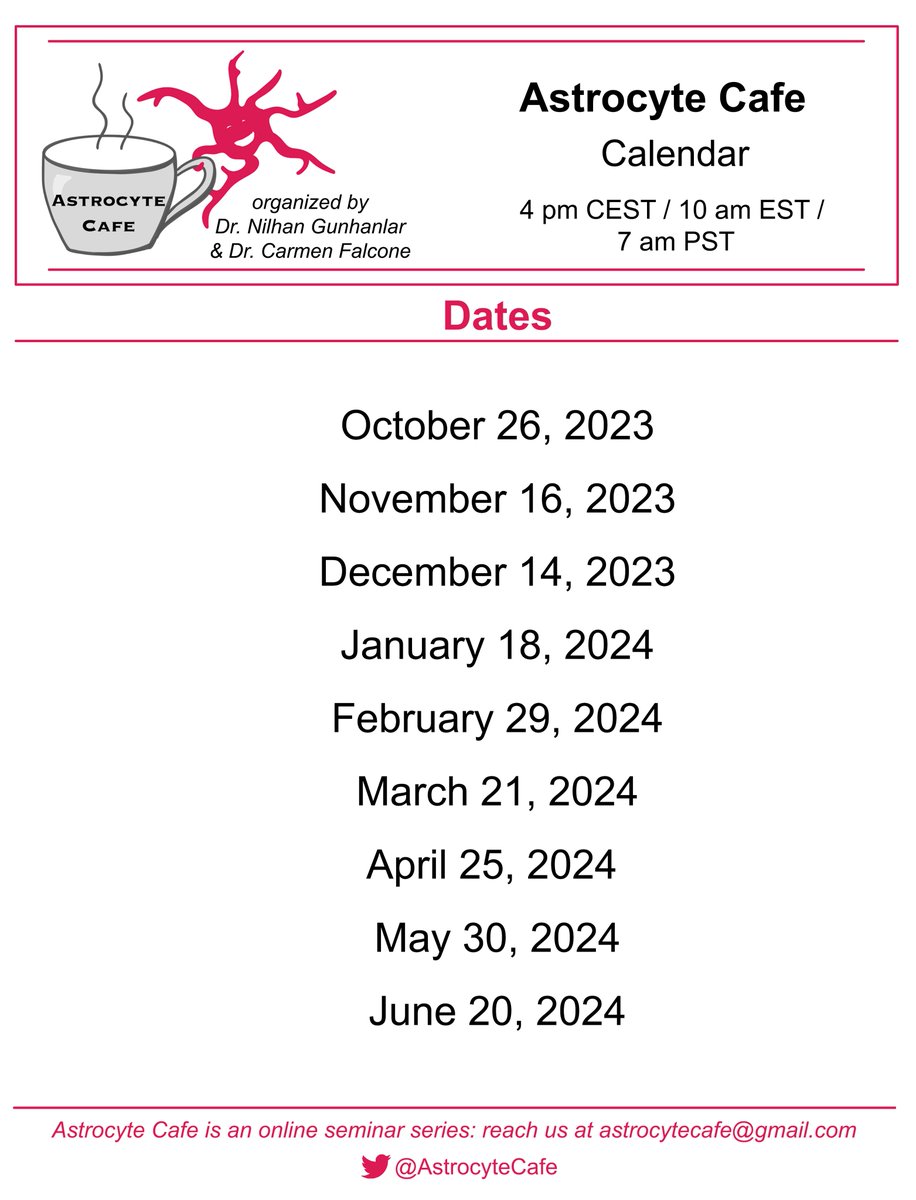 *Save the dates for the new edition of #AstrocyteCafe *

We will post the flyer with the speakers a week before each meeting..in the meantime, save these time slots in your calendar 🤩🙌

We have lots of new exciting speakers: can't wait to hear about their #astrocyte research!