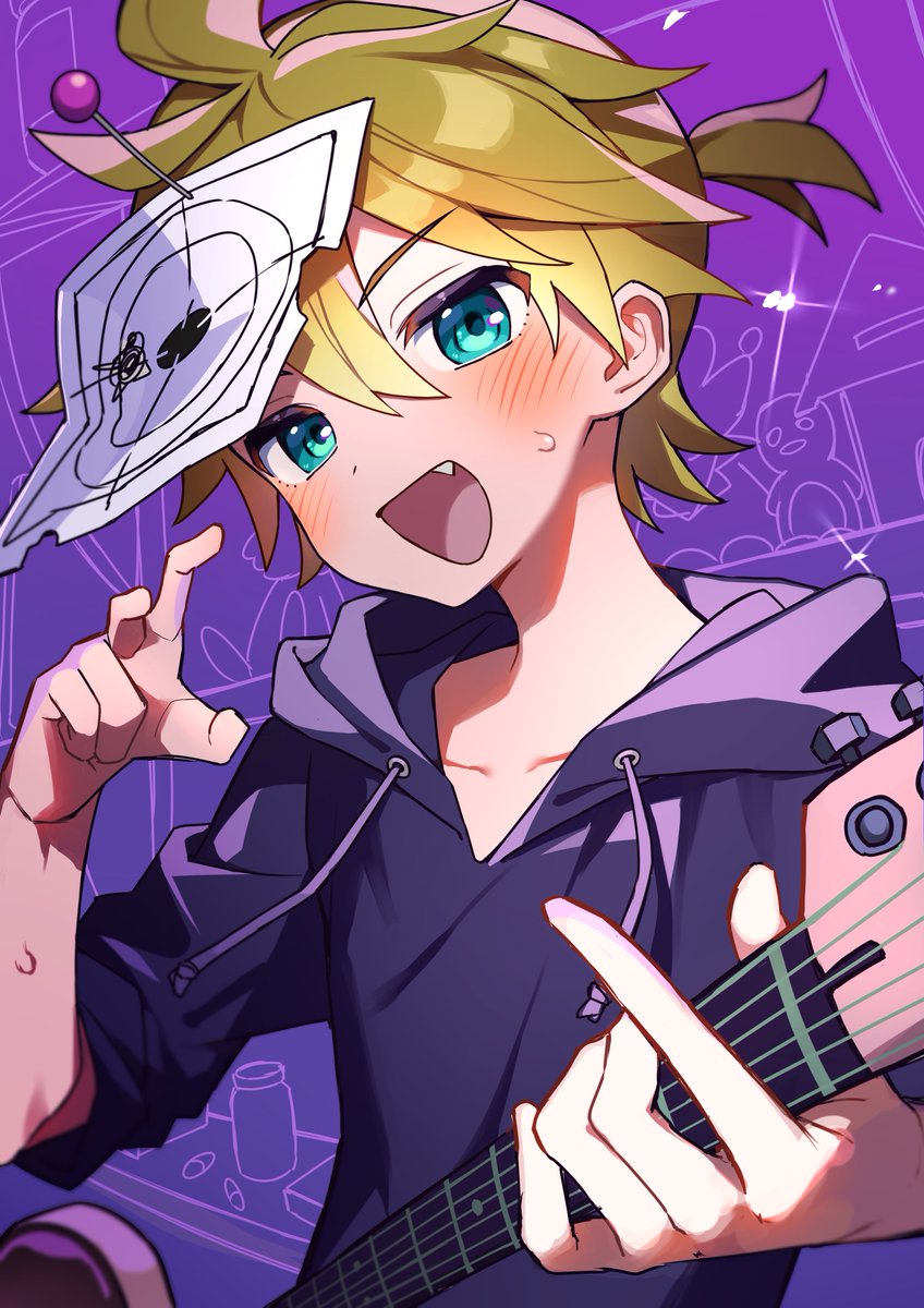 kagamine len 1boy male focus blonde hair hood instrument holding hoodie  illustration images