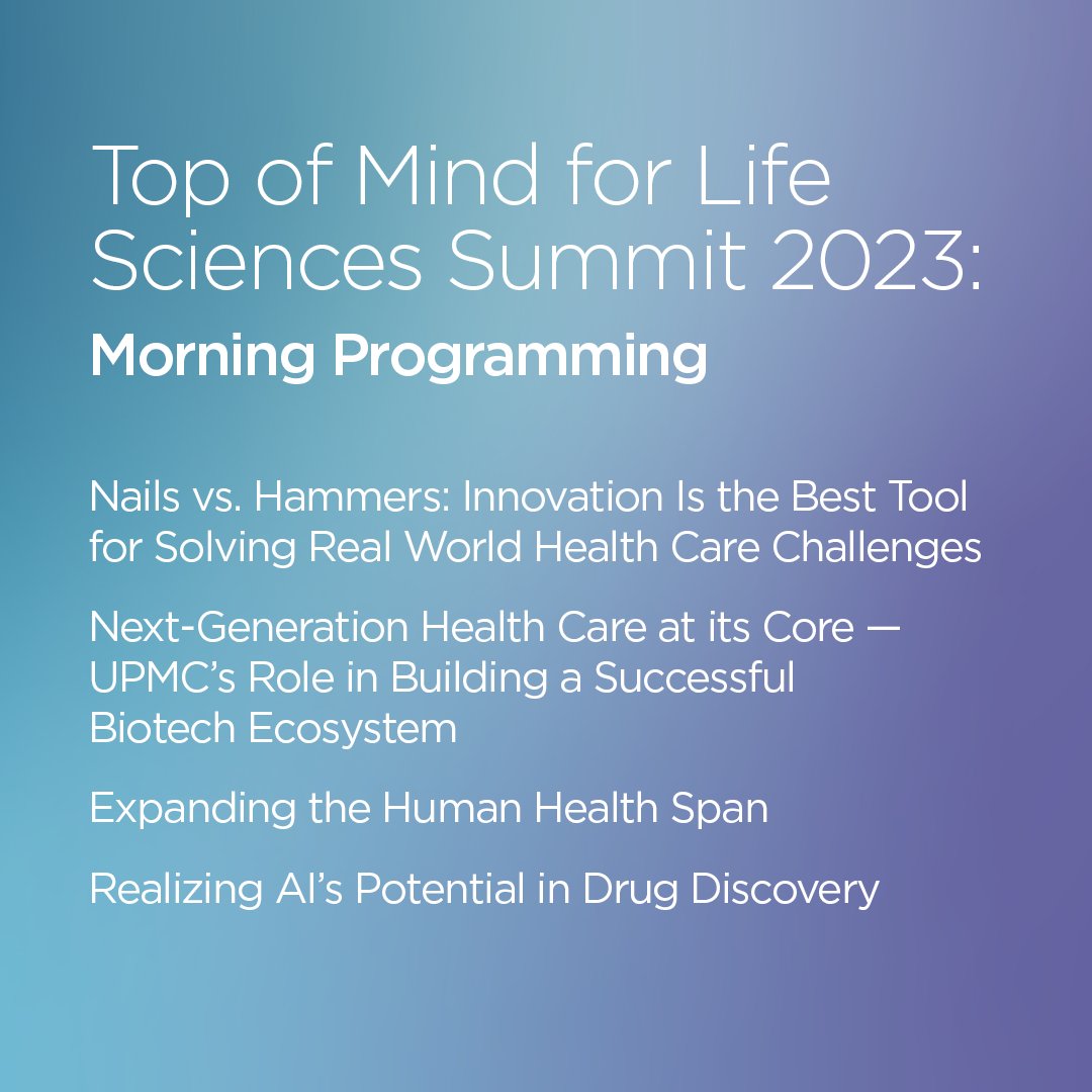 Life Sciences leaders & biotech innovators from @UPMC, @UPMCEnterprises, @PittTweet, @CarnegieMellon, @novonordisk, @OwkinScience, @Aitiabio, and @Valohealth will discuss next-generation health care, AI drug discovery, and more at #TopOfMind this morning. bit.ly/48ceCDW