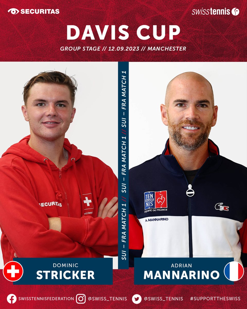 swiss_tennis's tweet photo. Now it's getting serious!π€© These are the matches of the first @daviscup tie today.πΎ
ποΈ 12 - 17 September 2023
#SupportTheSwiss
@securitasag #Swiss @daviscup #team
#FRASUI #swisstennis #swisstennisplayer #stagegroup #finals #manchester #hoppschwiiz #hopsuisse https://t.co/T7J3gGRzyE