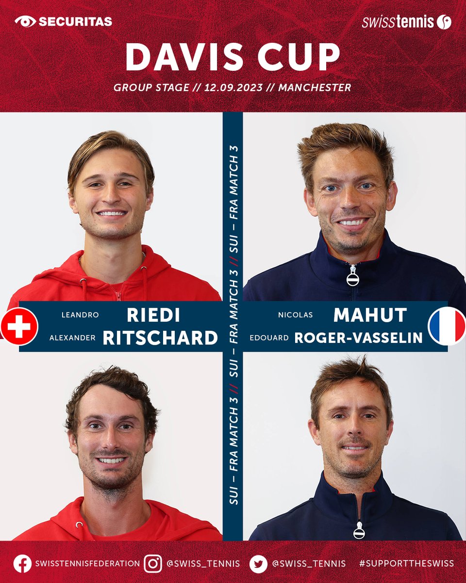 swiss_tennis's tweet photo. Now it's getting serious!π€© These are the matches of the first @daviscup tie today.πΎ
ποΈ 12 - 17 September 2023
#SupportTheSwiss
@securitasag #Swiss @daviscup #team
#FRASUI #swisstennis #swisstennisplayer #stagegroup #finals #manchester #hoppschwiiz #hopsuisse https://t.co/T7J3gGRzyE