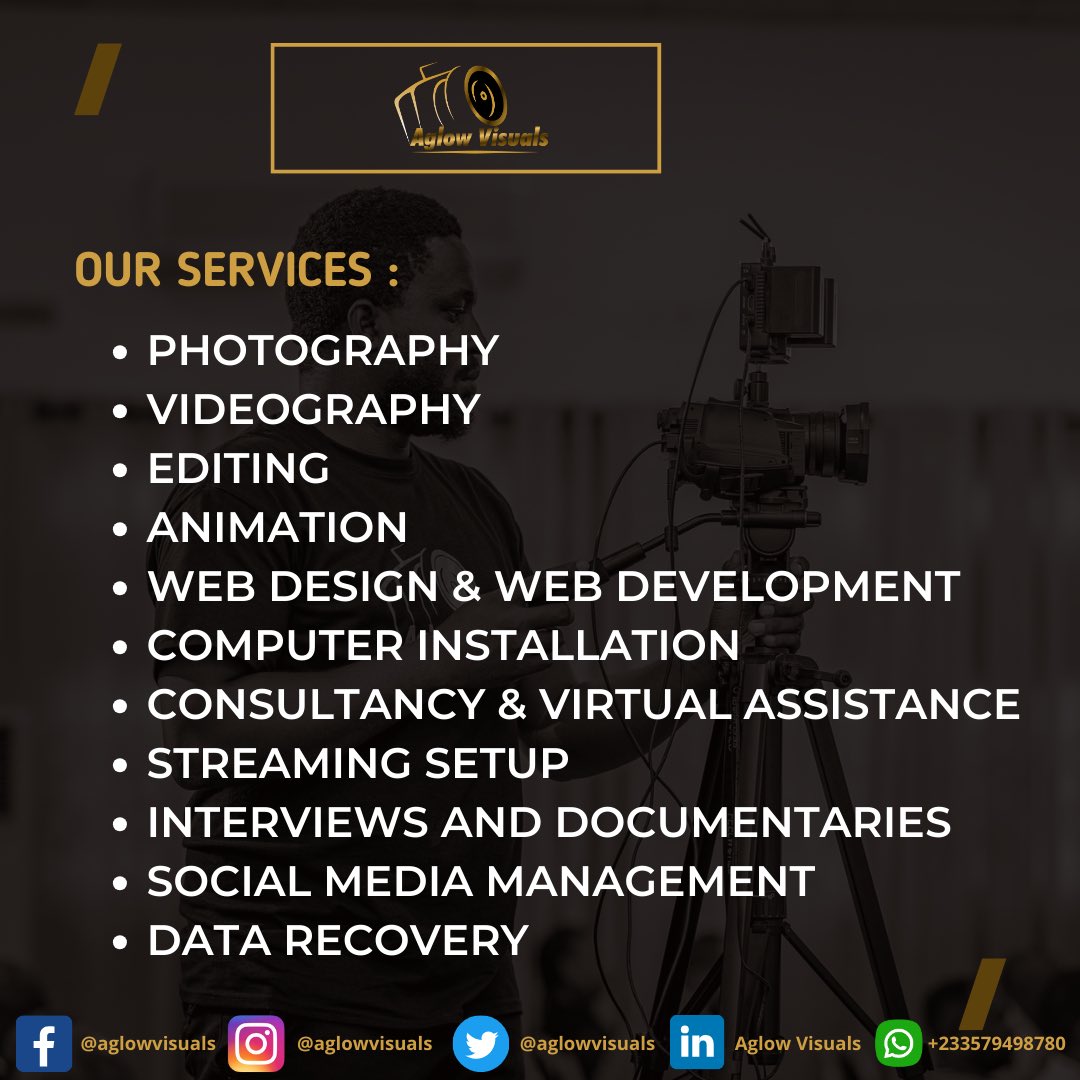 Patronize and recommend us today

#photography #cinematography #videography #animation #studiosetup #webdevelopment #webdeveloper #webdesigner #webdesign #documentaries #GHANA #GhanaBusiness #SME