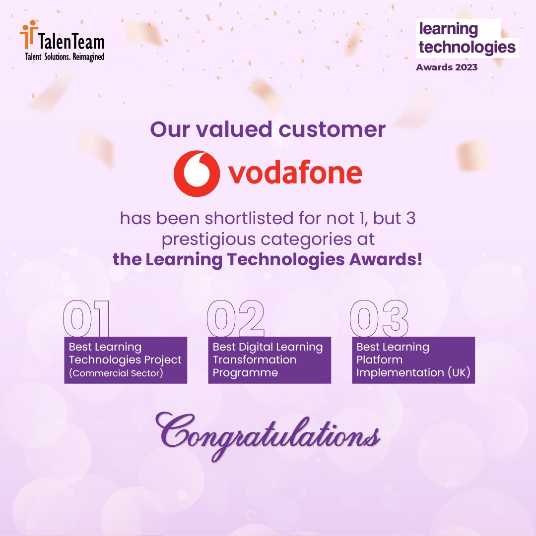 TalenTeam's tweet image. We&apos;re thrilled to share that our valued customer, Vodafone, has been shortlisted for not one, but THREE prestigious categories at the Learning Technologies Exhibition &amp;amp; Conference Awards!

TalenTeam is delighted to be working with you. RUSHTON

#LearningTechnologiesAwards