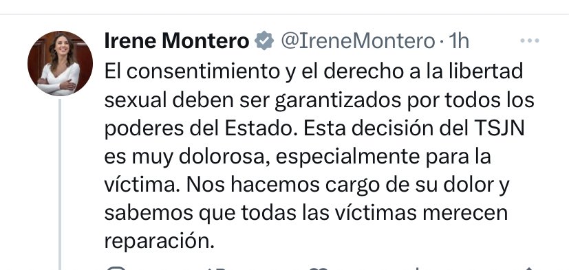 “Nos hacemos cargo de su dolor….” (Irene Montero) Se podría haber ahorrado esas palabras después del fracaso de su #LeySíEsSí beneficando a miles de violadores