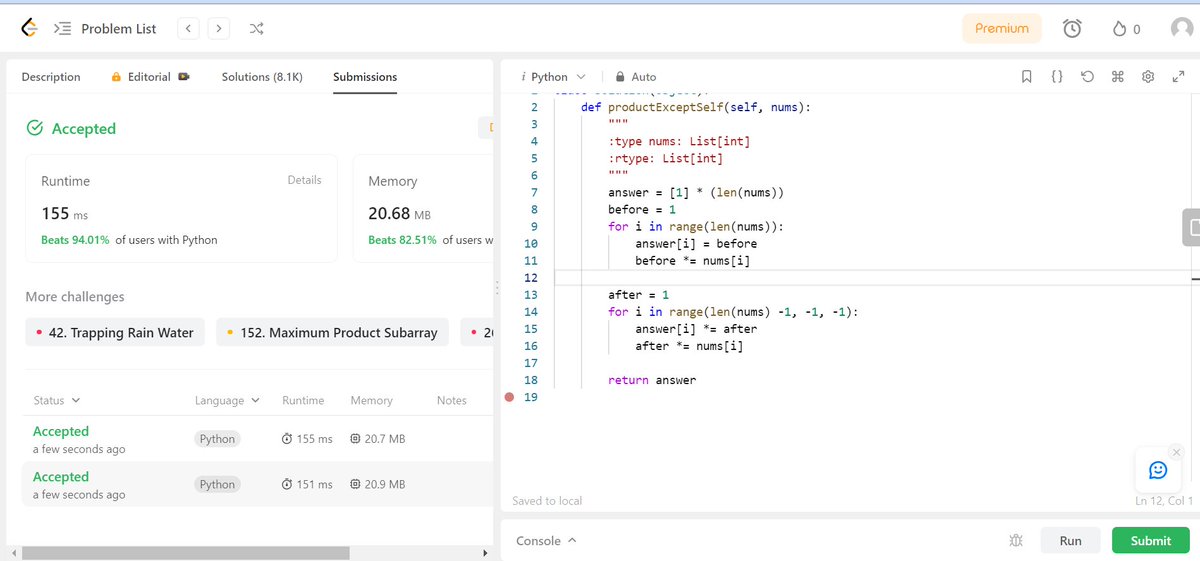 _JosiahAdesola's tweet image. It&apos;s Day 4
This is Leetcode problem 238: lnkd.in/dCPns844

The approach is quite not straightforward as the problem seem to be.
#50daysofLeetcode #DSA #Python