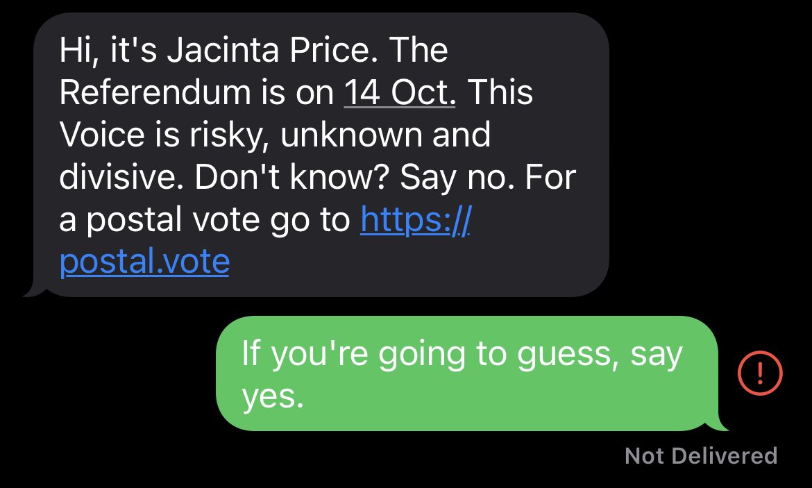 tommcc's tweet photo. @JNampijinpa I got your message but for some reason I couldn’t reply, so thought I’d try here. 

If you’re going to guess, vote yes. 

#Yes23 https://t.co/buJYmAKtnq