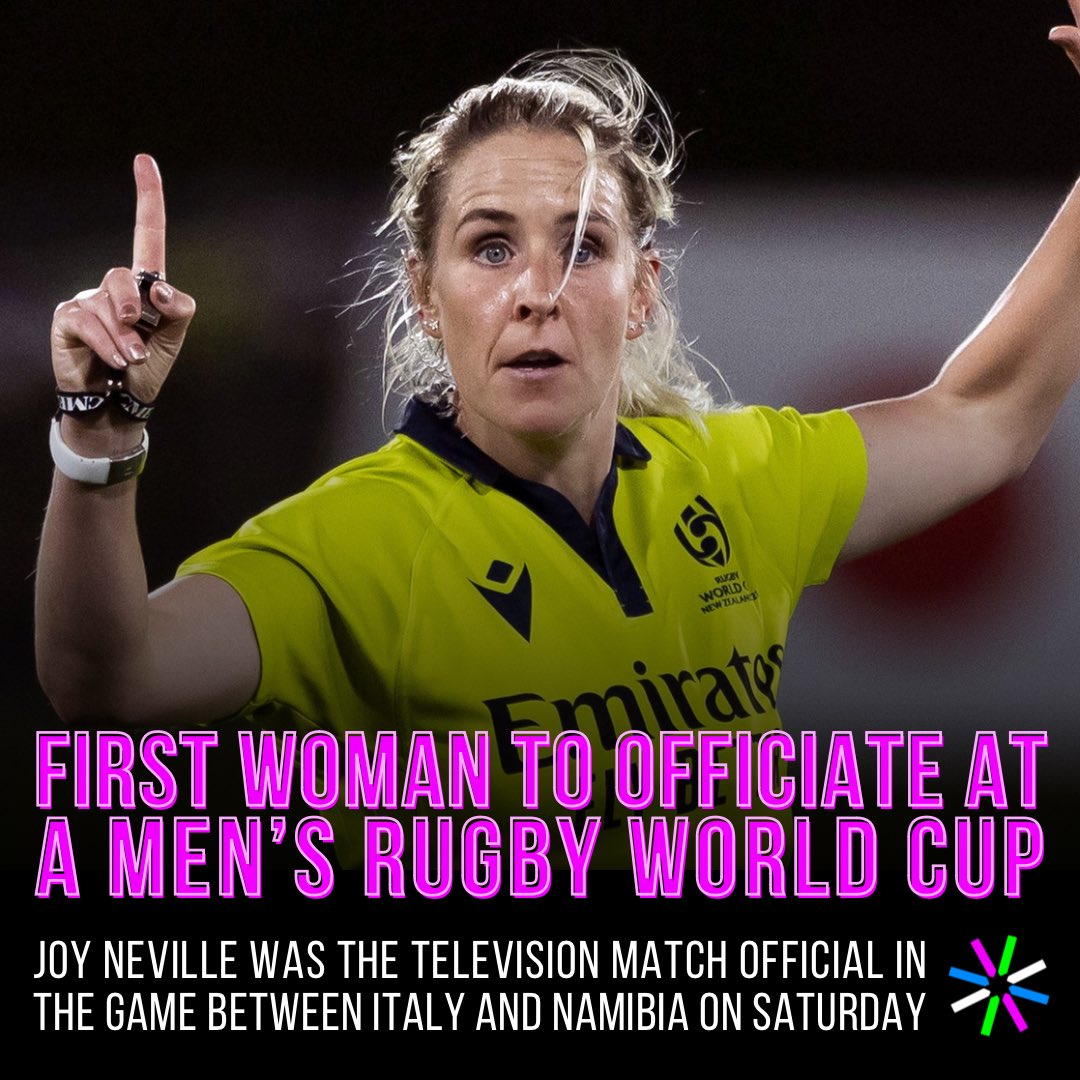 Joy Neville 🇮🇪 made history at the weekend when she became the first female referee to officiate a men’s 
Rugby World Cup Game 🌟

She was Television Match Official in the game between Italy and Namibia on Saturday 💪

This is awesome ✨

#SmashTheBarriers