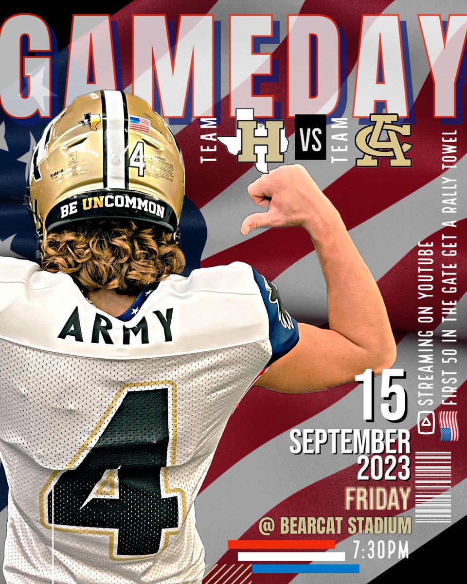 🇺🇸 JOIN US FRIDAY FOR GAME NUMBER FOUR AS WE HONOR THOSE THAT SERVE IN OUR AMRED FORCES! 

📍BEARCAT COUNTRY
⏰7:30PM
⛓️ARCHER CITY WILDCATS 

🗽FIRST 50 THROUGH THE GATE GET A @cowpalacecouture CUSTOM RALLY TOWEL! 

#THEGOLDSTANDARD #COMESUPPORTSOMEONE