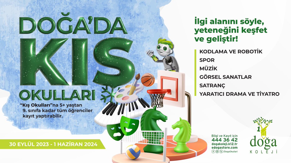 İlgi alanını söyle, yeteneğini keşfet ve geliştir!
#DoğadaKışOkulları çok yönlü ve güçlü bir müfredatla 30 Eylül’de başlıyor. Bilgi ve kayıt için; dogakoleji.k12.tr/basvurular/kis…