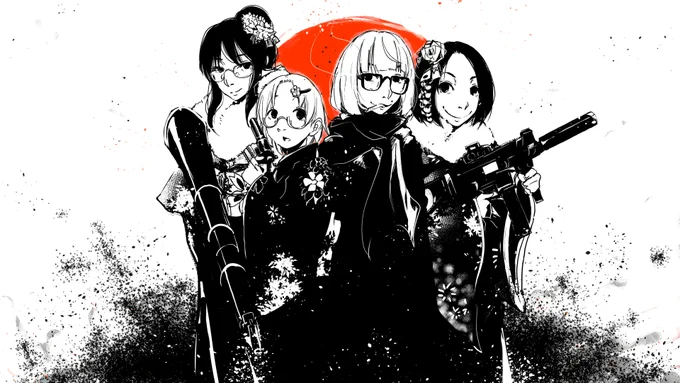 もういっちょ再掲。お初のお方がいらっしゃれば。普段描くのはこういうのが多いんです。そんで看板娘が4人もいてね。白髪のメガネ、実は私なんですよ。ちょっと何言っているのかわからないでしょうけど。 