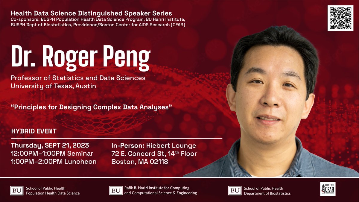 Join us for a Distinguished Speaker Series talk by @rdpeng @UTAustin on 'Principles for Designing Complex Data Analyses' ➡️ Thursday. 9/21 at 12PM. ➡️ Register spr.ly/6014PI7Dq Cosponsors @BU_Computing @BUSPH @ProvBosCFAR