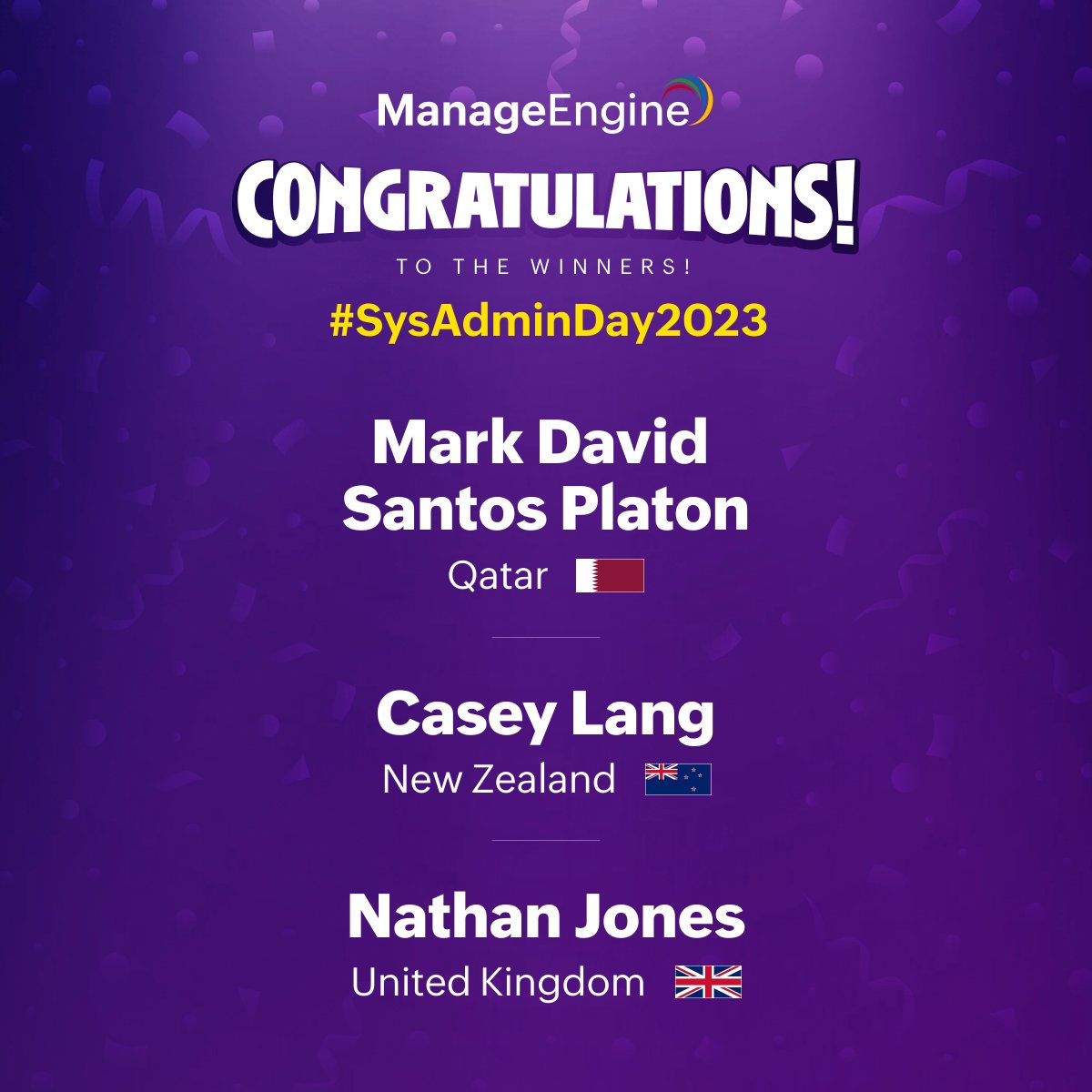 manageengine's tweet image. Congratulations to the winners! #SysAdminDay2023