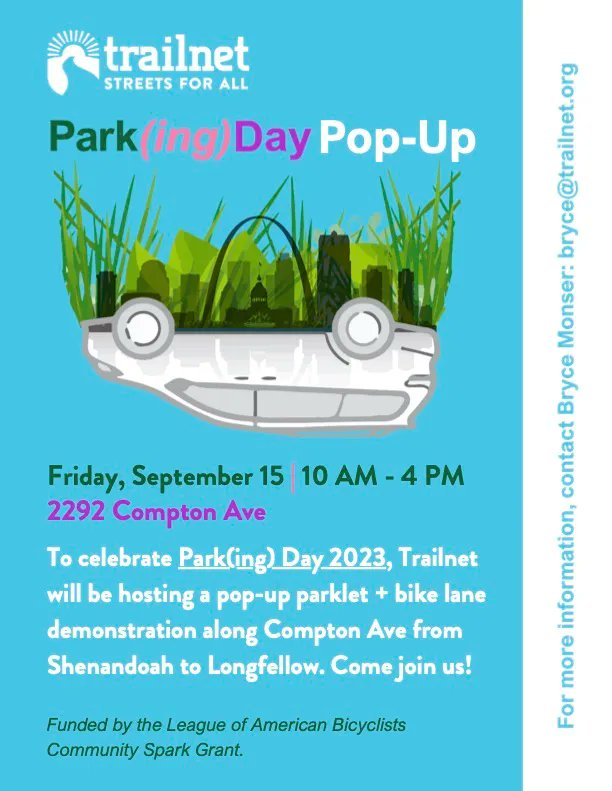 AlderSonnier's tweet photo. This Friday in the #SeventhWard -- Trailnet is hosting a pop-up parklet + bike lane demonstration along Compton Ave from Shenandoah to Longfellow.
2292 Compton Ave
Friday, September 15
10 AM - 4 PM https://t.co/X1BQxnQcxv
