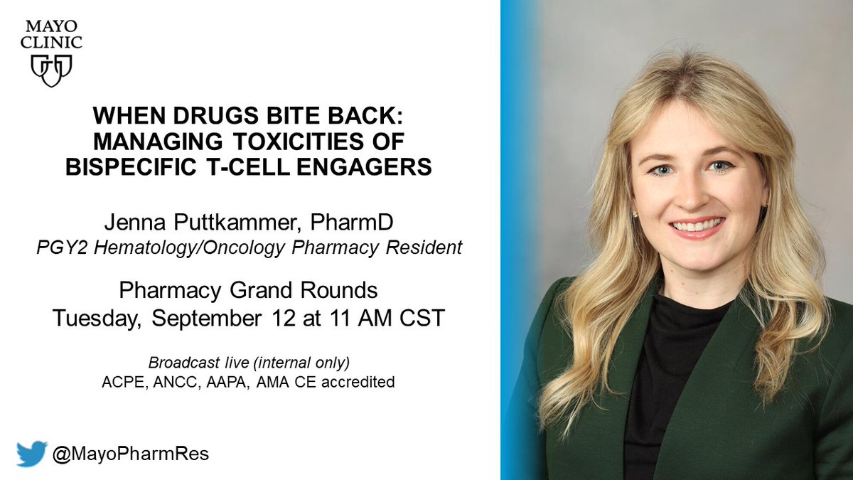 Mayo Clinic Pharmacy Residency Programs (@mayopharmres) on Twitter photo In today's Pharmacy Grand Rounds, <a href="/MayoPharmRes/">Mayo Clinic Pharmacy Residency Programs</a> Jenna Puttkammer discusses when bispecific antibodies BITE back in immuno-oncology. <a href="/MayoHemeOnc/">Mayo Clinic Hematology-Oncology Fellowship</a> #TwitteRx
Subscribe to our PGR Podcast at mayocl.in/3Pd5PJe In today's Pharmacy Grand Rounds, <a href="/MayoPharmRes/">Mayo Clinic Pharmacy Residency Programs</a> Jenna Puttkammer discusses when bispecific antibodies BITE back in immuno-oncology. <a href="/MayoHemeOnc/">Mayo Clinic Hematology-Oncology Fellowship</a> #TwitteRx
Subscribe to our PGR Podcast at mayocl.in/3Pd5PJe