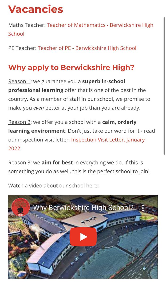 We have 2 teaching vacancies at Berwickshire High: Maths &amp; PE

Please visit our vacancies page if you’re interested: berwickshirehighschool.co.uk/page/?title=Va…

Amongst many reasons to apply is the high-quality professional development offer we guarantee for you. It’s one of the best in the county.