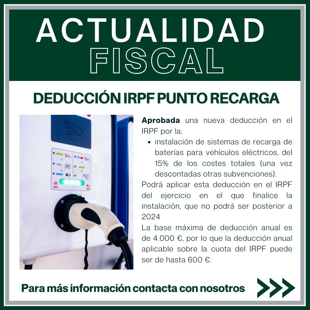 ForumTributari's tweet photo. 📣Nueva deducción en IRPF por la instalación de puntos de recargas para vehículos eléctricos, del 15% de los costes totales.
La base máxima de deducción anual es de 4.000 €, por lo que la deducción anual aplicable sobre la cuota del IRPF puede ser de hasta 600 €. https://t.co/PX34XRlM3r