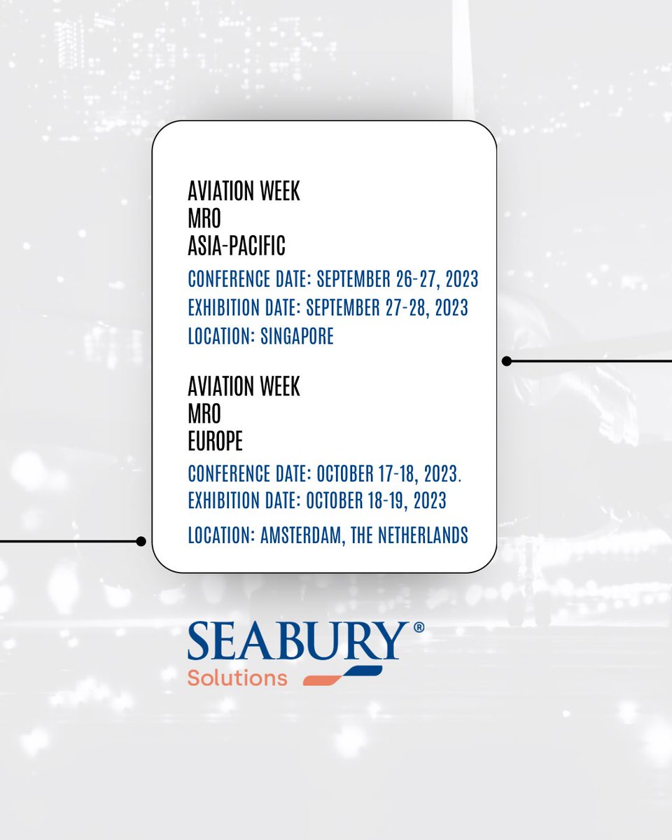 SeaburySolution's tweet photo. Glad to announce the upcoming events we are taking part of. 

For further information please visit 
⬇️⬇️⬇️

https://t.co/q6NaIEh67r
 
#aircraft #aircraftmaintenance #mro #seaburysolutions #alkym #eauthorithy #fair #events #congress https://t.co/ItICtDJHAx