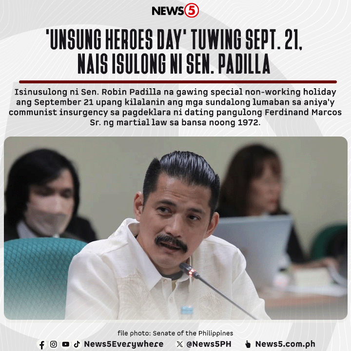 News5PH's tweet image. Paliwanag ni Sen. Robin Padilla, ang masamang imahe lang kasi ng martial law ang naaalala tuwing September 21 at hindi nabibigyang-pansin ang isa pang naratibo nitong nailigtas ng martial law ang bansa laban sa komunismo. #News5 | via Maeanne Los Baños