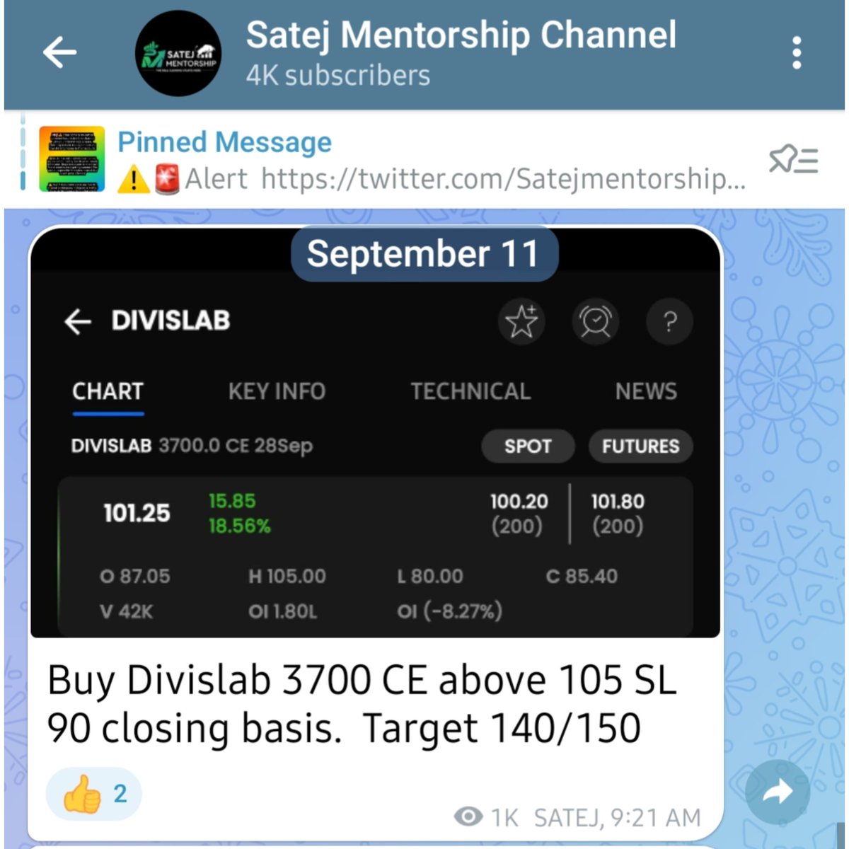 Satejmentorship's tweet photo. #Divislab 3700 CE 105 to 150 Target Done ✅️

Telegram Channel
https://t.co/BkXe6ZV9XC

#nifty50 #optionbuying #StocksInFocus  #StocksToTrade #Niftypharma #DiviStocks https://t.co/VvqScufQ6i