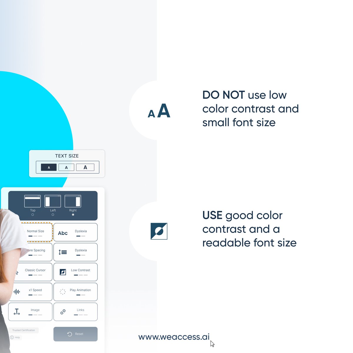 weaccessai's tweet photo. If you want people with disabilities and special needs to have easy access to the information and service on your website, there are some small but important rules that you should pay attention to! 

Please swipe.

#weaccess #ai #tehnology #digitalaccessibility  #limitedvision https://t.co/jPz5f6uueW