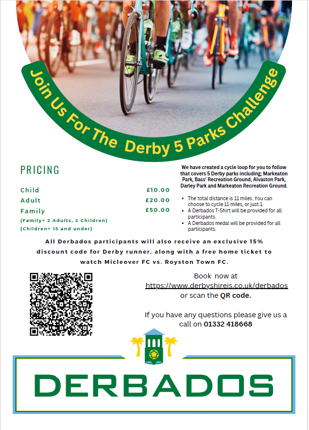 DerbyshireIS's tweet photo. Please join us for Derbados 2023!

As a participant, you will receive:
-An exclusive Derbados T-Shirt &amp; Medal.
-A free ticket for Mickleover FC Vs. Royston.
-A 15% discount code for Derby Runner.

https://t.co/HRzzUwVHOX 

@embarkfed @Mickleover_FC @DERBYRUNNER https://t.co/f4wvORdCa7