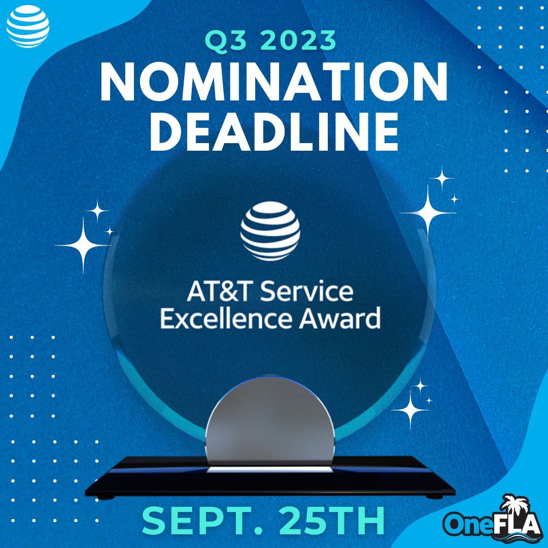 Service Excellence Award Q3 Nominations are now open until September 25th! Don't miss your chance to recognize the incredible efforts of a deserving leader or peer! ⏰ Submit your nominations before the 09/25 #SEAwards #NominationsOpen #OneFLA #LifeAtATT🏆🏆