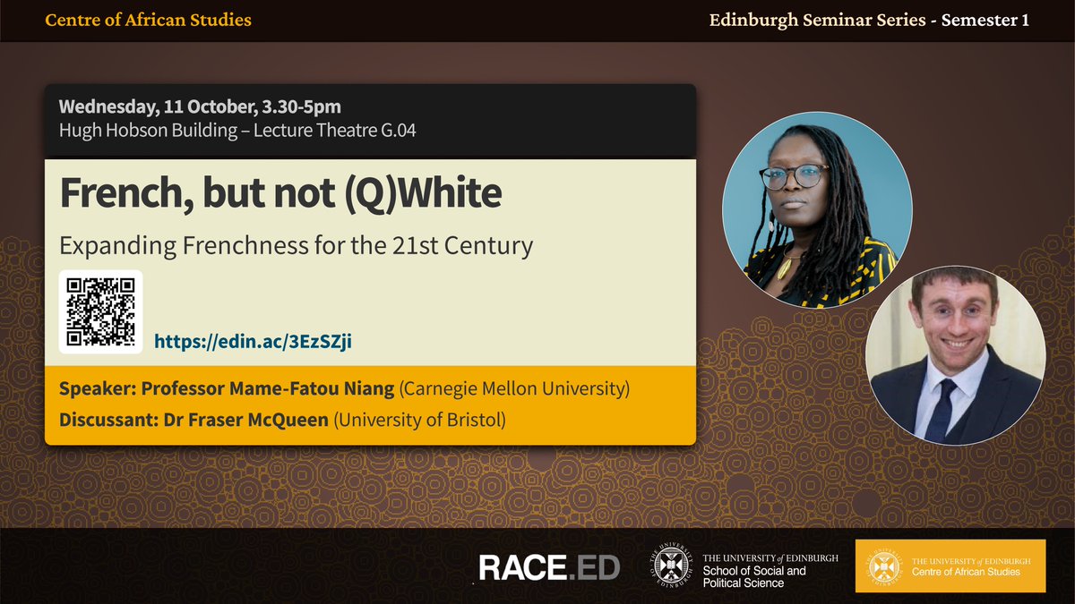 Really looking forward to this - I've hugely admired @MameFatouNiang's work for what feels like forever now, and it'll be an honour to return to Edinburgh and be discussant when she speaks at their @africanstudies research seminar!