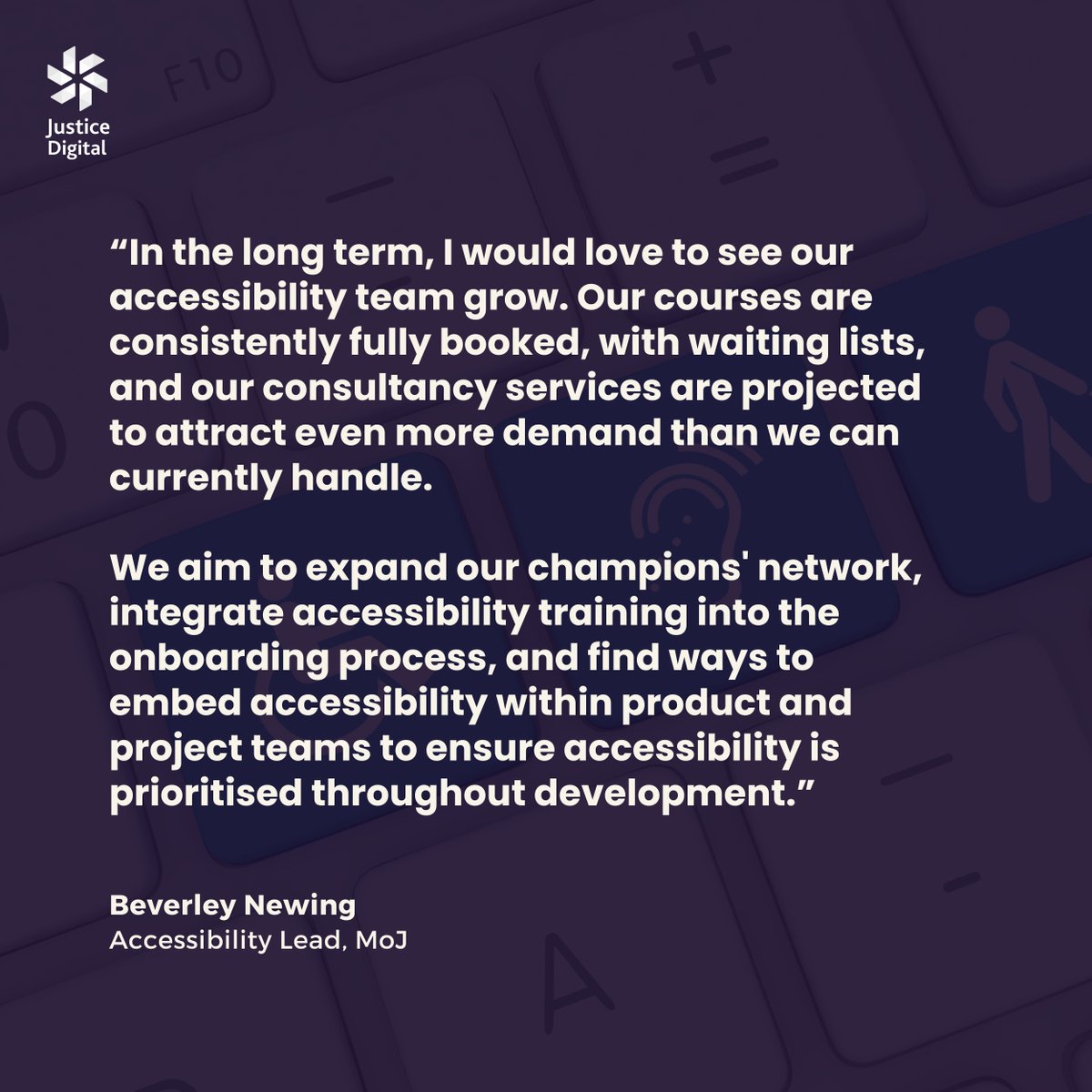 Justice Digital (@justice_digital) on Twitter photo 🌟 The future of GOV accessibility is bright! Our Accessibility Lead, <a href="/WebDevBev/">Beverley Newing</a>, shares their thoughts on why this matters:
🌐 Accessibility is a MUST - legal, vital, and inclusive!
🚀 We're growing, but the demand's huge!
⚖️ Making justice accessible for all is our goal!
⬇️ 🌟 The future of GOV accessibility is bright! Our Accessibility Lead, <a href="/WebDevBev/">Beverley Newing</a>, shares their thoughts on why this matters:
🌐 Accessibility is a MUST - legal, vital, and inclusive!
🚀 We're growing, but the demand's huge!
⚖️ Making justice accessible for all is our goal!
⬇️