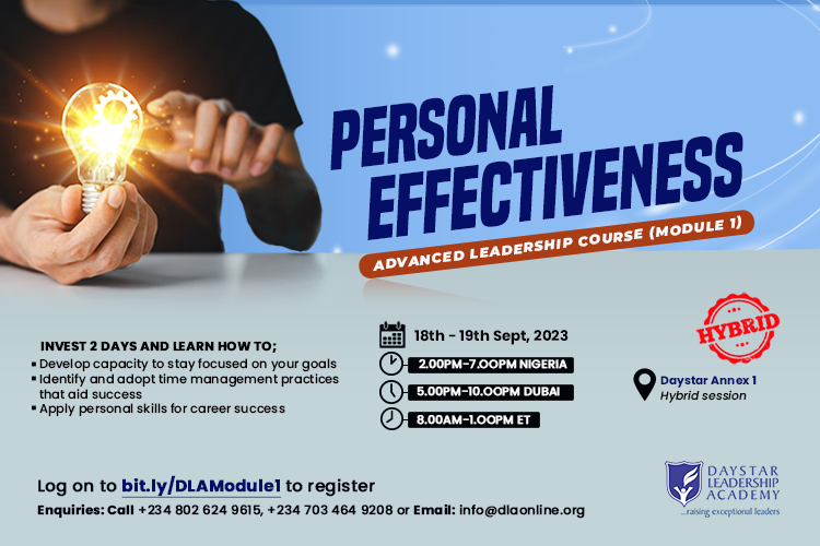 DaystarNG's tweet photo. Elevate your leadership game with Daystar Leadership Academy's Advanced Leadership Course, Module 1!

📅 Save the date: September 18-19, 2023.
⏰ Time: 2:00 pm - 7:00 pm (WAT)
📍 Join us in Oregun or virtually!
📌 Theme: Personal Effectiveness

Learn to:
✅ Stay goal-focused
✅ Master time management
✅ Boost personal skills for career success

Don't miss out! Register at https://t.co/LhDtqjWdeP

#LeadershipSkills #LeadershipAcademy #DLA