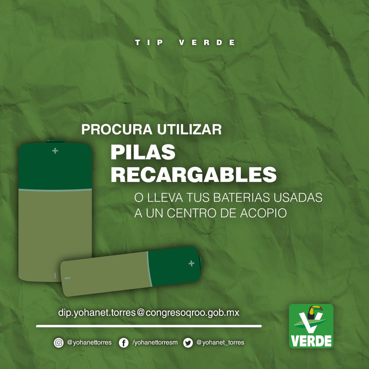 yohanet_torres's tweet image. #TipVerde 
@quintanaroopvem 
¿Sabías qué puedes llevar tus pilas usadas a la Universidad Autónoma de Quintana Roo? Ahí se encargarán de brindarles el tratamiendo adecuado. 
#PorQuintanaRoo