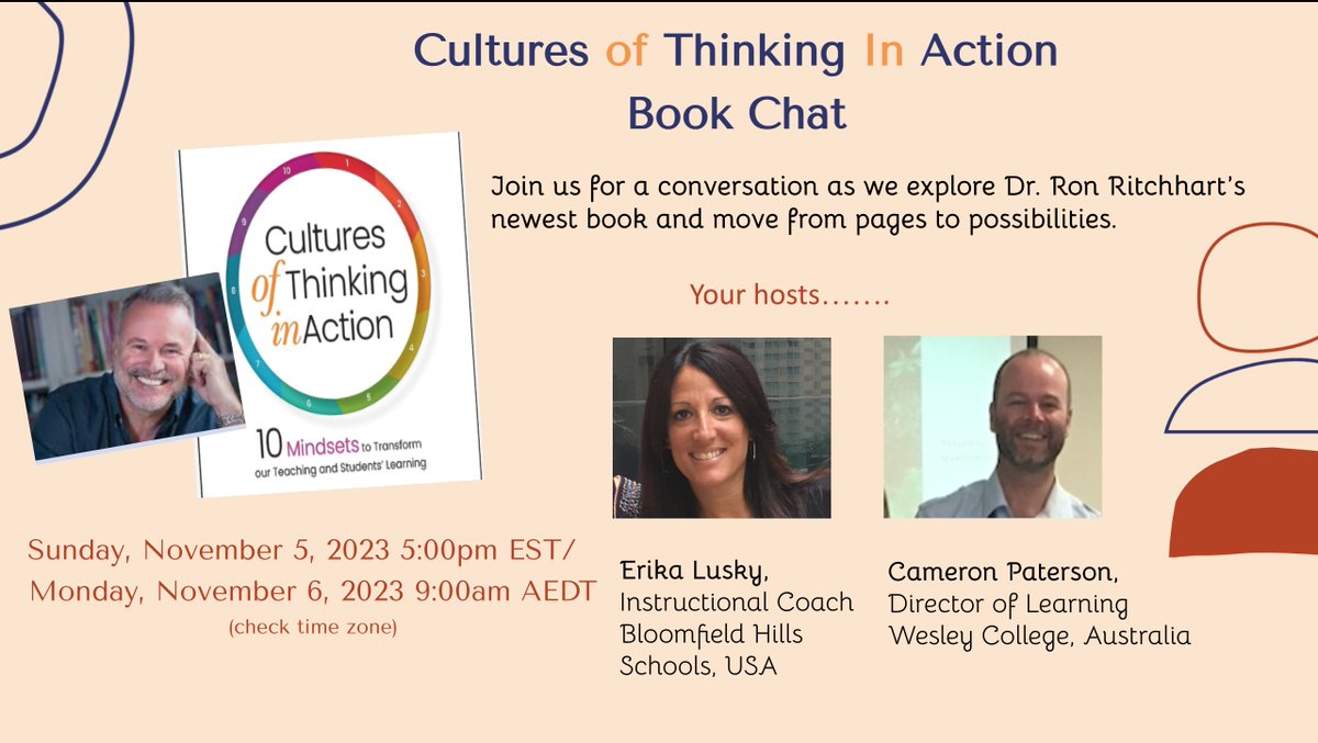 Inspired by @RonRitchhart newest book, let's explore the mindsets that underpin the ability to create a culture of thinking that turn out powerful thinkers and learners. Check your time zone and copy this zoom link to your calendar. See you then!@cpaterso wesleycollege.zoom.us/j/86388560040?…