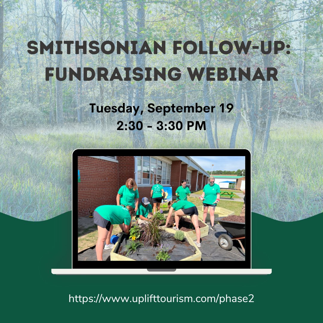 Next Tuesday, join Smithsonian major gifts officer Haili Francis and associate director of volunteer engagement Alaina Gibbs, for a Q&A session on fundraising techniques & tips.

Register here: uplifttourism.com/phase2

#upliftnc #smithsonianfolklife #webinartraining #festival
