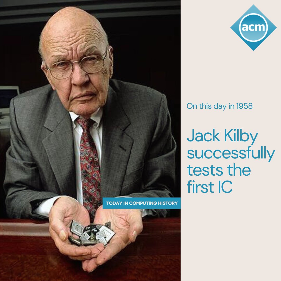 TheOfficialACM's tweet image. On this day in 1958, Jack Kilby, an electrical engineer at Texas Instruments, demonstrated the first working integrated circuit. Along with Robert Noyce, he is credited with the invention of the IC. 

Sources: All about Circuits, Computer History Museum
#TodayInComputingHistory