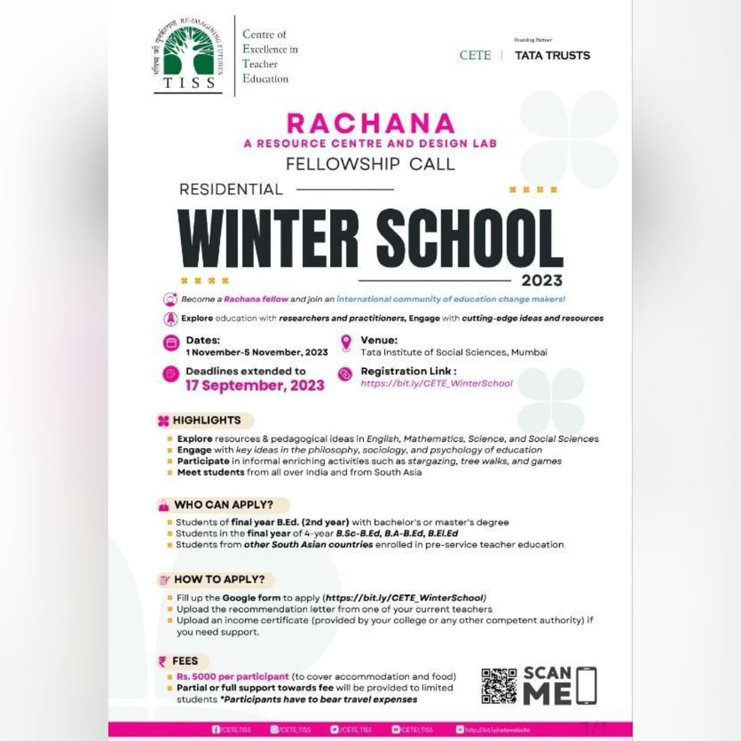 cete_tiss's tweet photo. 🎇🔊🎉
Registration Deadline Extended for TWO Programmes! 
Register for either one by 
⏳Sunday, 17 Sep 2023

Programme 01
❄️RACHANA Winter School ❄️
🗺️ CETE, TISS, Mumbai
🗓️ Wed, 1 Nov - Sun, 5 Nov 2023
💰 5,000/- per student

Link: https://t.co/ykDQ65INyU https://t.co/EB89ICfPCJ