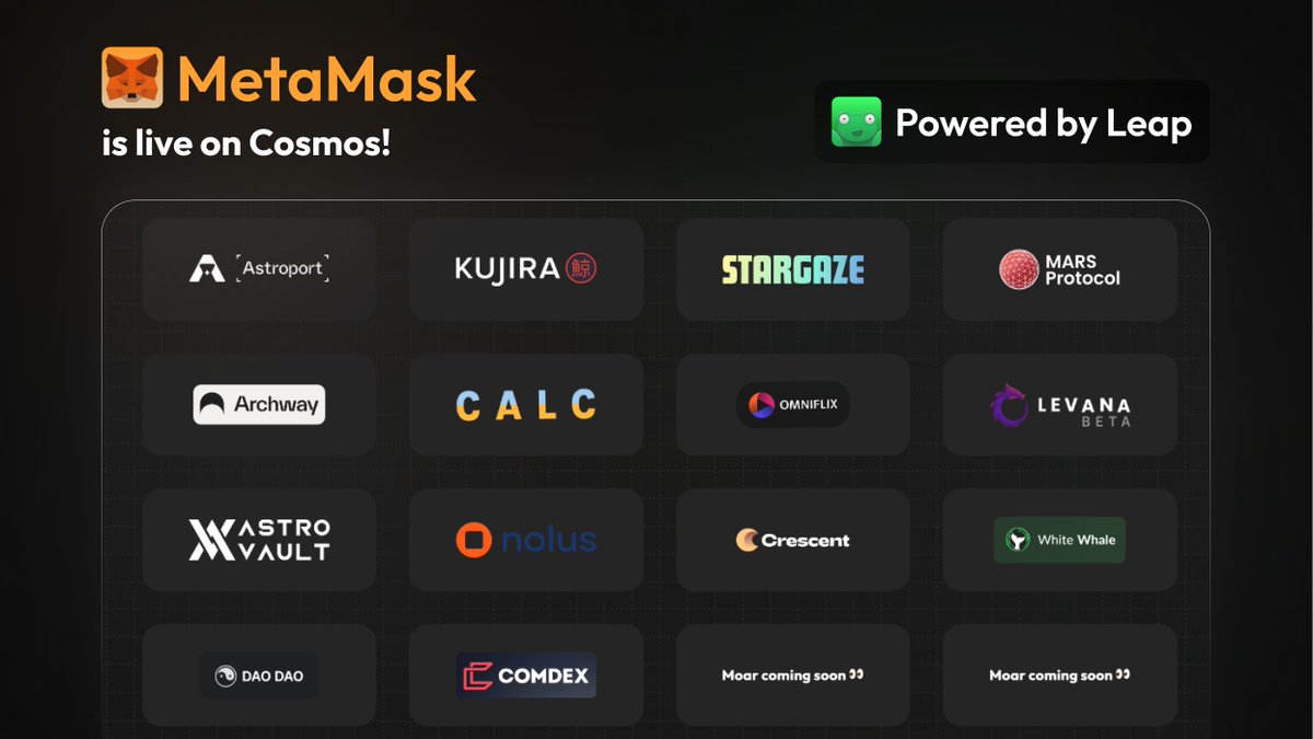 leap_wallet's tweet photo. 🎊 @MetaMask wallet is now live for Cosmos and we've got the best experience ready for it 🔥

Leap MetaMask Snap is being integrated on various Cosmos dApps, bringing you the best of DeFi, trading, NFTs &amp; more...

connect &amp; transact on dApps using just your MetaMask wallet 🔜 https://t.co/8myPKFcJfv