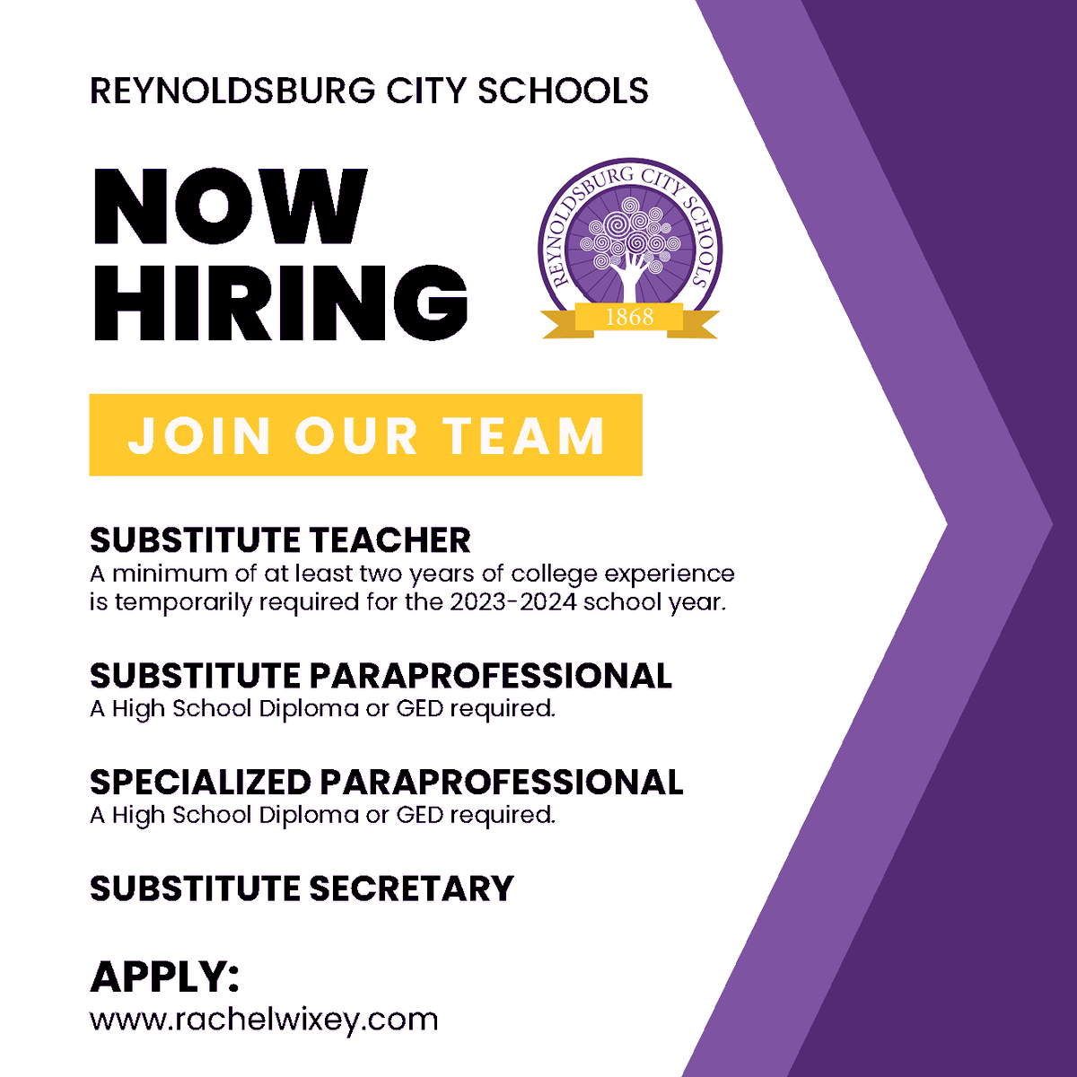 ReynSchools's tweet photo. We're looking for dedicated substitutes to support our schools. If you have a desire to make a difference in your community, we want you to join our team! Apply: https://t.co/diYyJT6CWA #JobOpportunity https://t.co/l06v9sA1rF