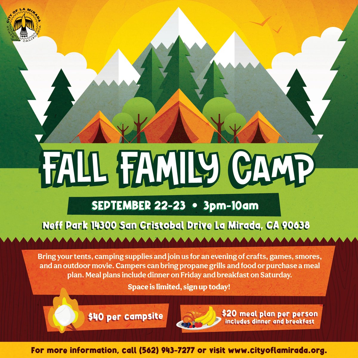 cityoflamirada's tweet photo. The  City of La Mirada invites families to camp under the stars at Fall  Family Camp on Fri, Sept 22 through Sat, Sept 23 at  Neff Park. Activities will include  crafts, s'mores, and an outdoor movie. Register here - https://t.co/92HVG2bUjB https://t.co/HOOBwRMSMm