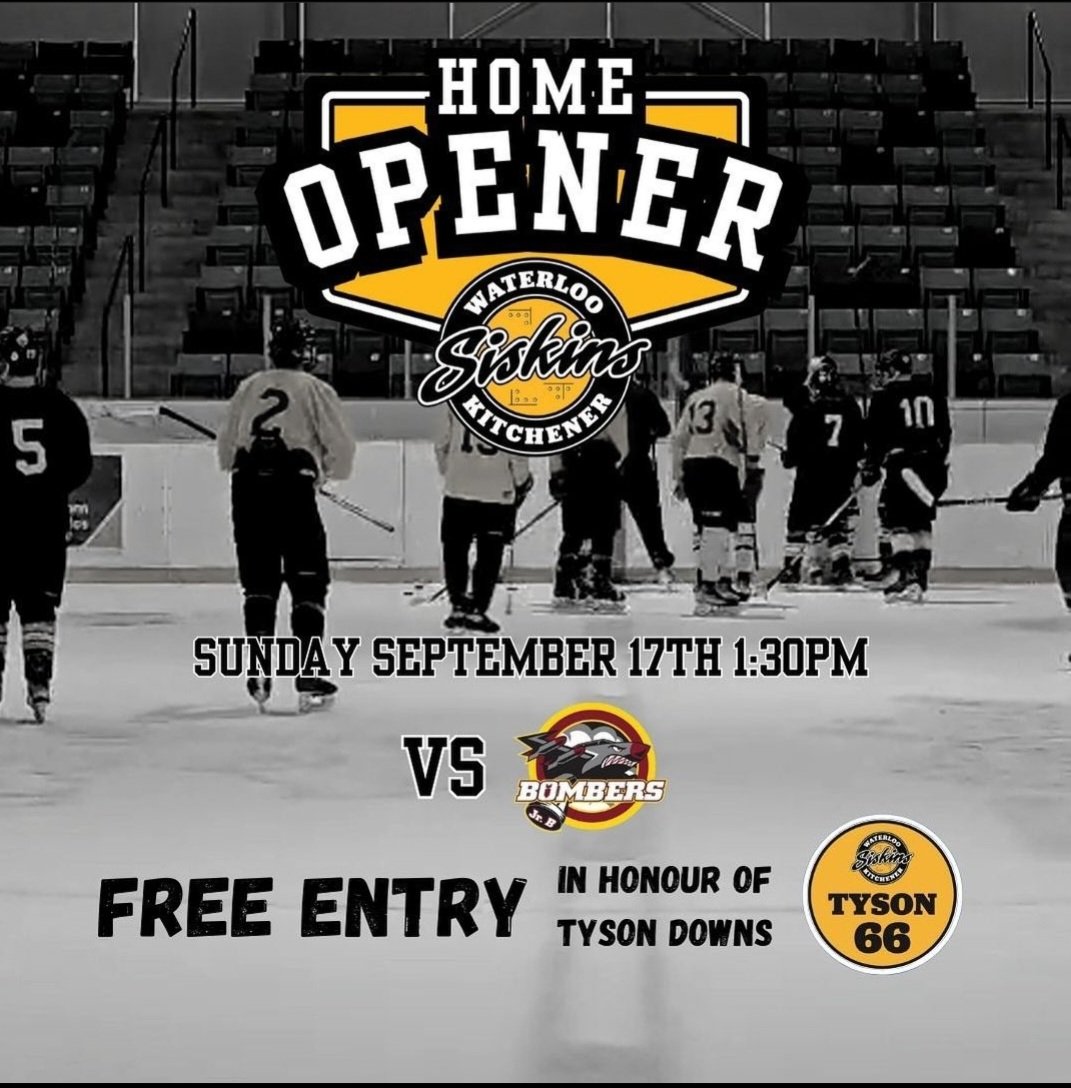 Mark your calendars. <a href="/BombersJrB/">Bombers Jr. B Hockey Club</a> head to Waterloo to take on your KW Siskins for their home opener. ENTRY IS FREE for everyone. Come cheer on your Siskins and pay tribute to Tyson Downs. #PlayforTyson❤️